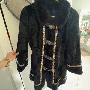 Vintage Embroidered Black Faux Fur Coat